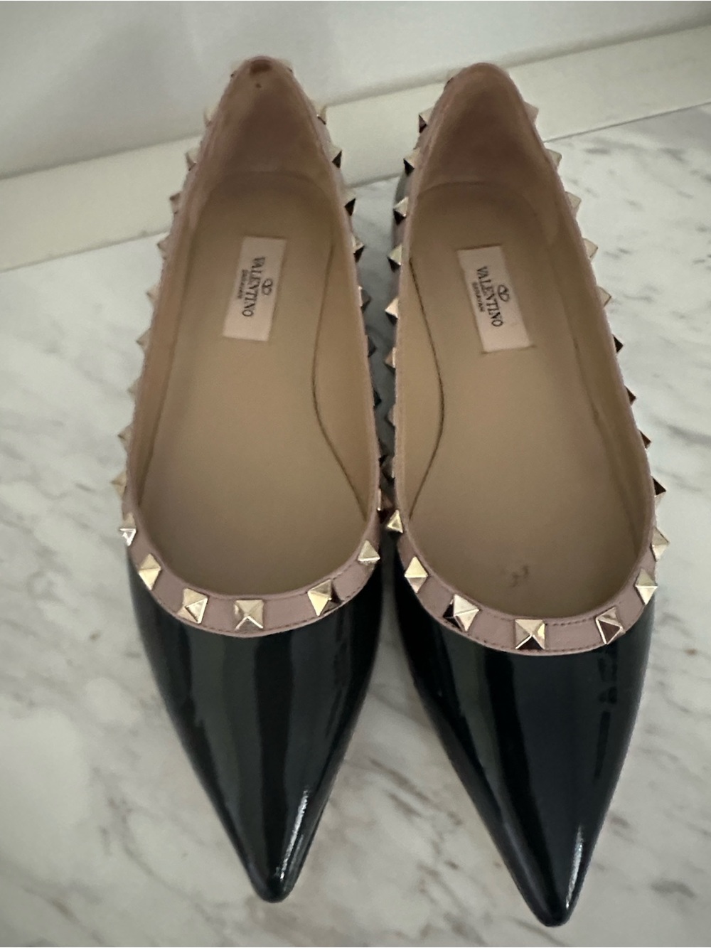 Valentino Black Patent Pointed Flats with Nude Trim & Gold Studs - Picture 3 of 5